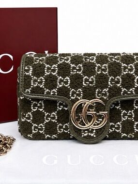 NWT Gucci Olive Green GG Marmont Textured Crossbody with Gold Hardware